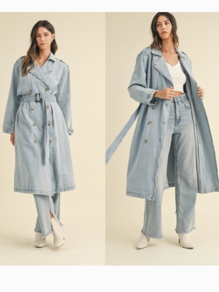 Mable Light Medium Wash Long Denim Trench Coat With Belt Size L Nwt Chic Fashion